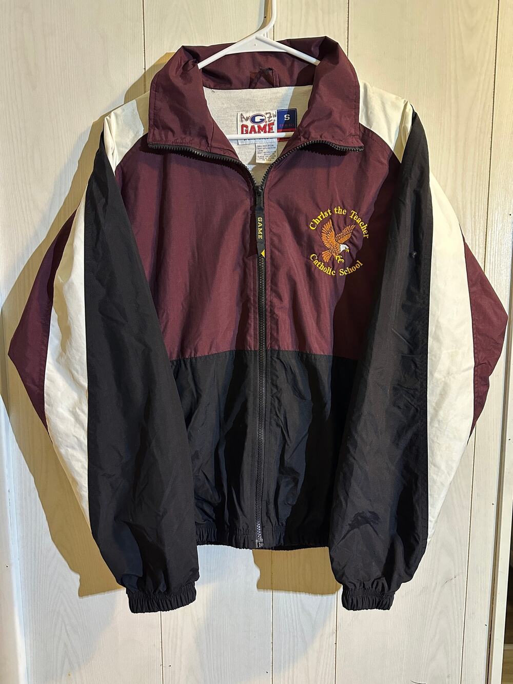 Windbreaker Jacket Small Maroon Black White Christ the Teacher School Gorpcore